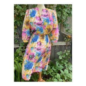1980s Statement Dress Puff Sleeves Pleat Skirt Bright Watercolour Floral Print